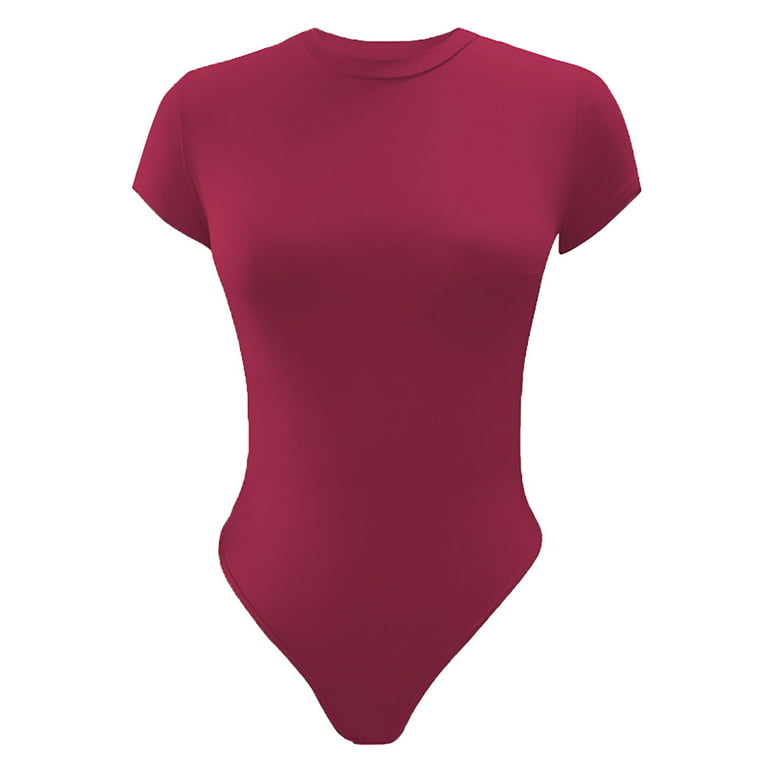 Noarlalf Shapewear Bodysuit Bodysuits for Women Tummy Control Sexy Crew  Neck Short Sleeve Bodysuit Top Red XL