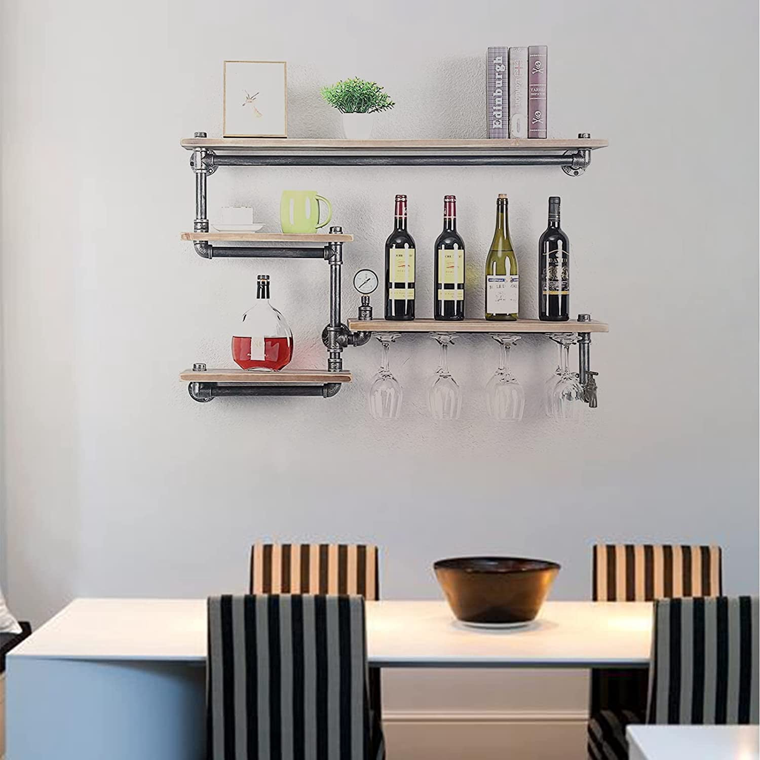 Wall Mounted Floating Shelf Industrial Pipe Shelf with 4 Stem Glass Holder Wooden Wine Shelf for Home Kitchen Living Room