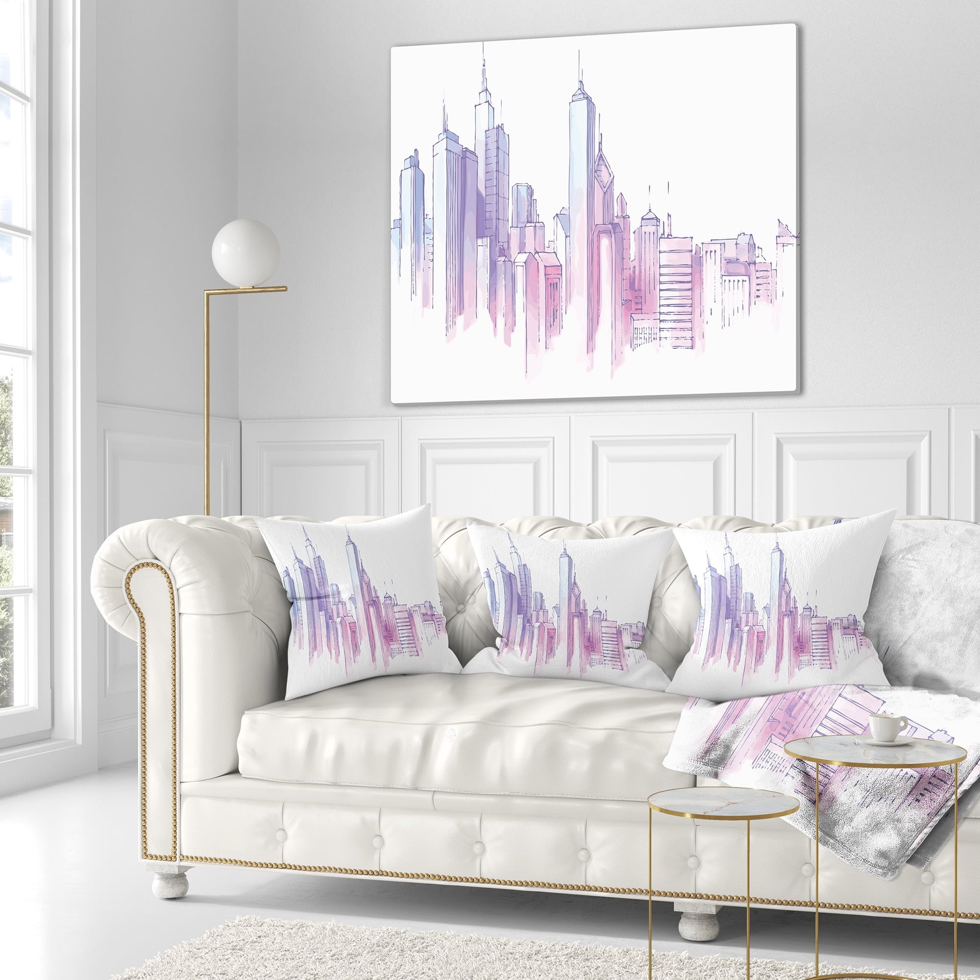 Designart Purple City Skyline - Cityscape Painting Throw Pillow - 16x16