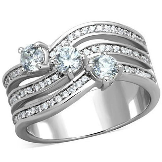 Women High Polished Stainless Steel Ring with AAA Grade CZ in Clear - Size 10