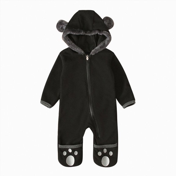Splozh Baby Hooded Fleece Romper Long Sleeve Romper Outwear Outfits 0-12M Fall Winter Clothes Soft Warm Baby Girl Newborn Clothes,Black,6-12 Months