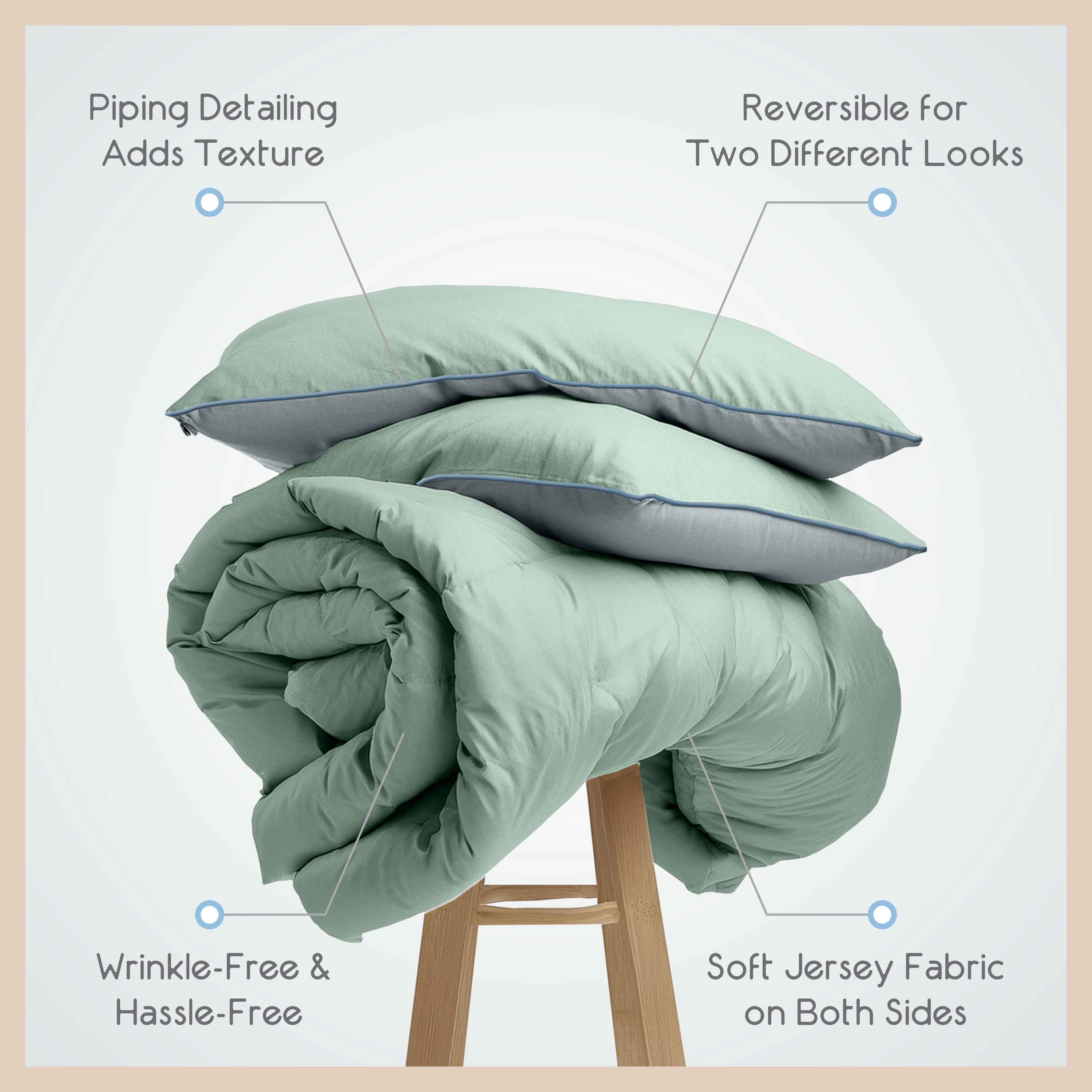Vellux Jersey Knit 3-Piece Comforter Set, Cotton Blend, Queen, Sage/Gray