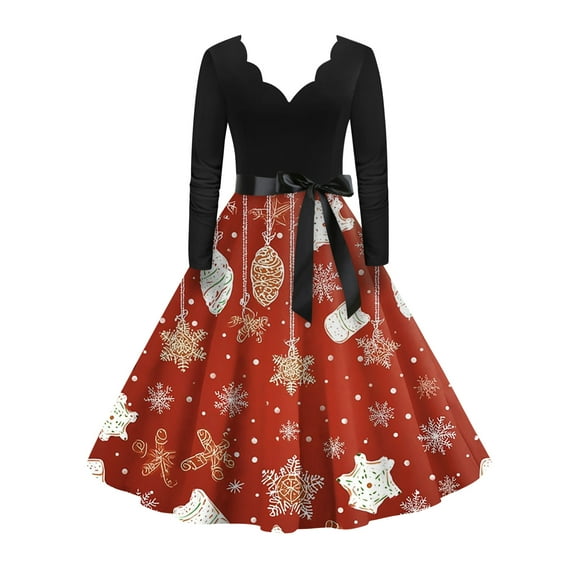Women's Fashion Elegant Autumn and Winter Long Sleeve V-Neck Christmas Print Dress for Holiday Parties and Casual Wear, Stylish Women's Seasonal Dress,Vermilion,S