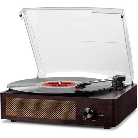 Record Player for Vinyl with 2 Build-in Speakers LP Vinyl Players Belt-Driven Vintage Turntables 3 Speed 3 Size, Wireless Bluetooth Playback, AUX-in,RCA Out, Headphone, Auto Stop Wood