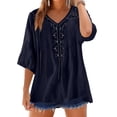 thumbnail image 3 of Summer Linen Blouses for Women 2026 Trendy V Neck Boho Embroidered Tops Half Sleeve Vacation Dressy Casual Shirts Peasant Tees Spring Trendy Womens Tops Navy L, 3 of 5