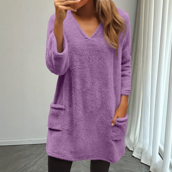 Winter Plus Size Fall Sweaters for Women Women's V Neck Long Sleeve Comfortable Fleece Sweater Double Fleece Pullover Funny Hoodies Purple M