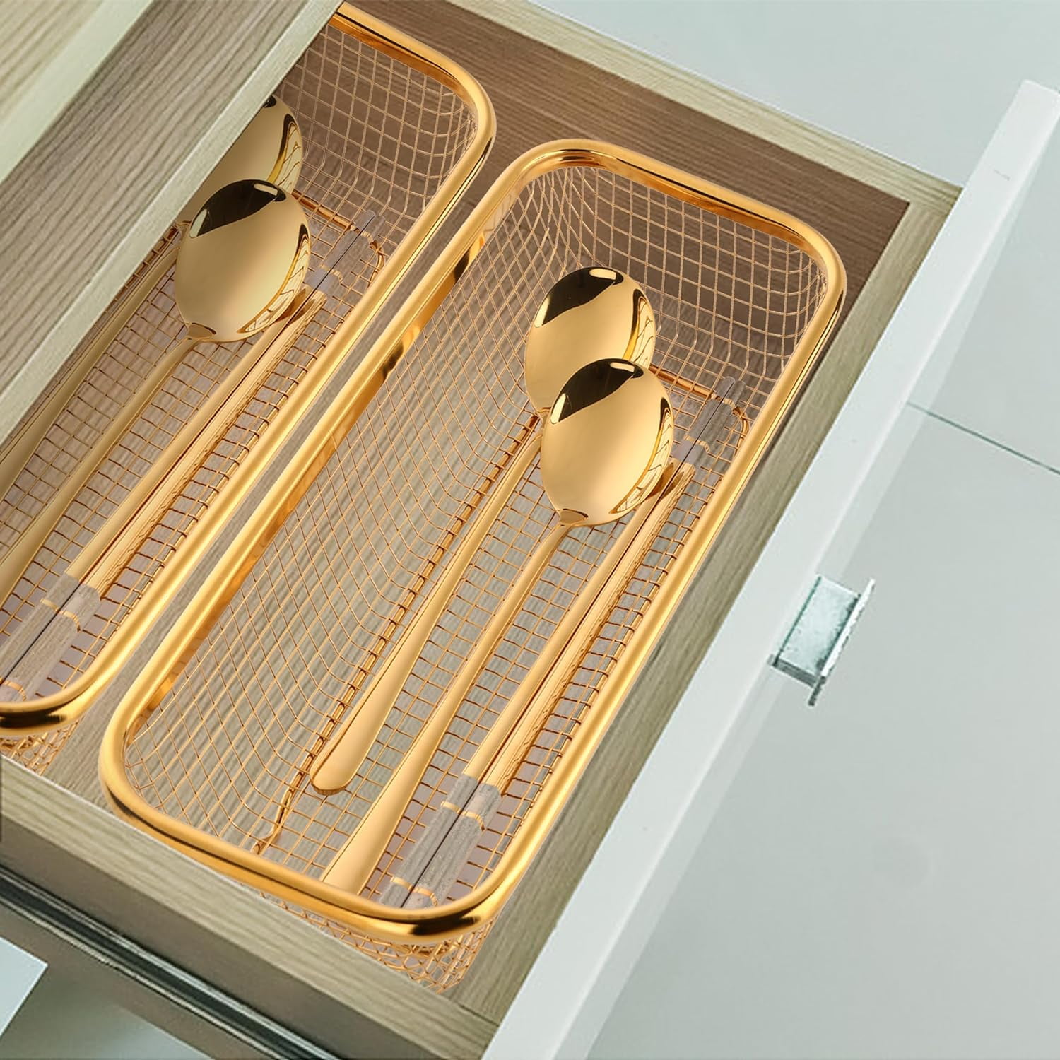 Gold Kitchen Drawer Organizer, Stackable Mesh Storage Baskets, Stainless Steel Silverware Organizer for Holding Knife Fork Spoon, 12.5"x5"x2.5", Pack of 2