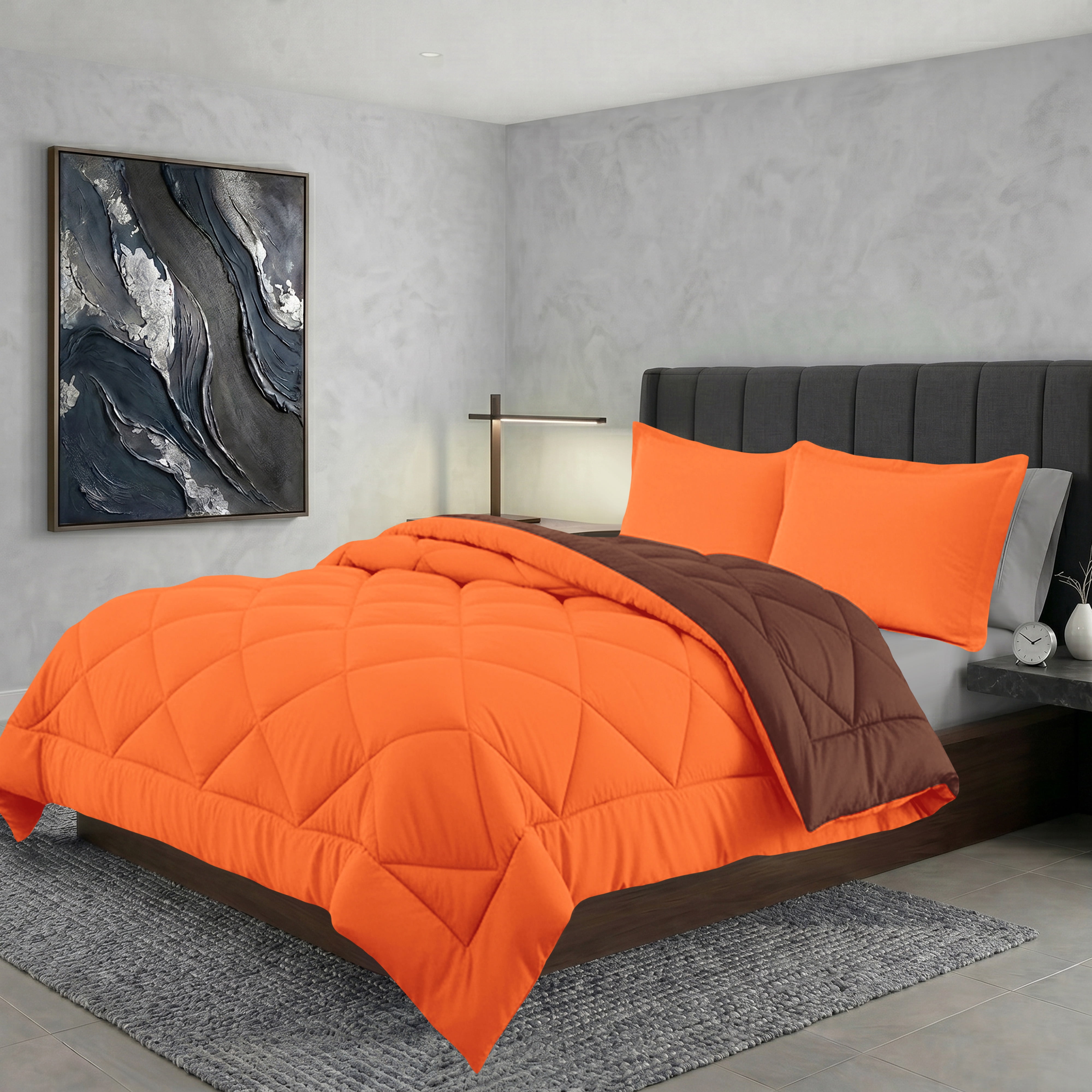 Elegant Comfort Reversible Down Alternative Comforter Set, Soft Microfiber All-Season Bedding, Lightweight Wrinkle & Fade Resistant Comforter, King/Cal King, Orange/Chocolate