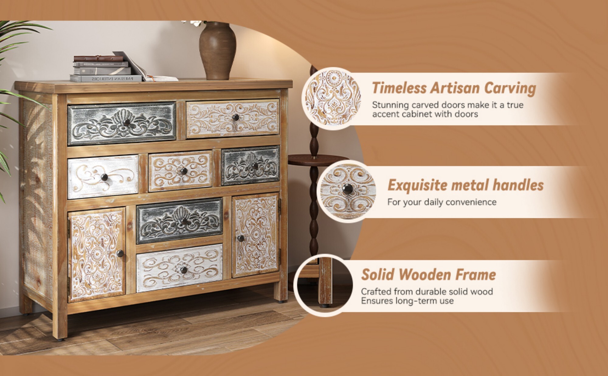 AENKYO Vintage 7-Drawer Cabinet, Bohemian Storage Dresser with Distressed Finish for Bedroom, Living Room & Entryway