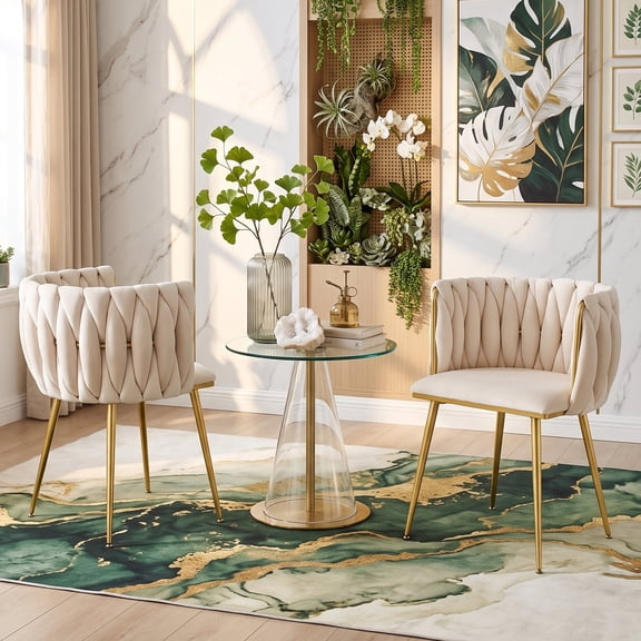 CKEASEAN 28" H Velvet Modern Dining Chairs Set of 2, Luxury Upholstered Side Chair with Curved Woven Backrest, Durable Accent Chair with Golden Metal Legs, Easy Assembly for Dining Room, Living Room