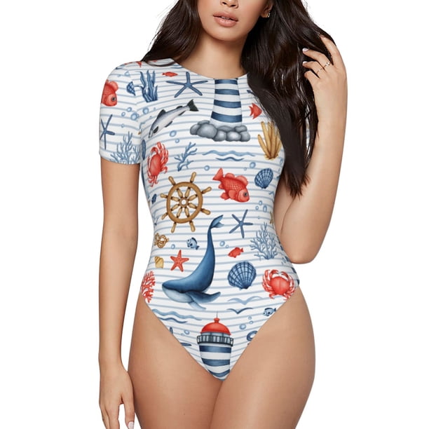 Fotbe Watercolor Nautical Body de Mujer con Cuello Redondo y Mangas Cortas, Sin Mangas Ajustado, Suave, Cómodo y Básico-Small