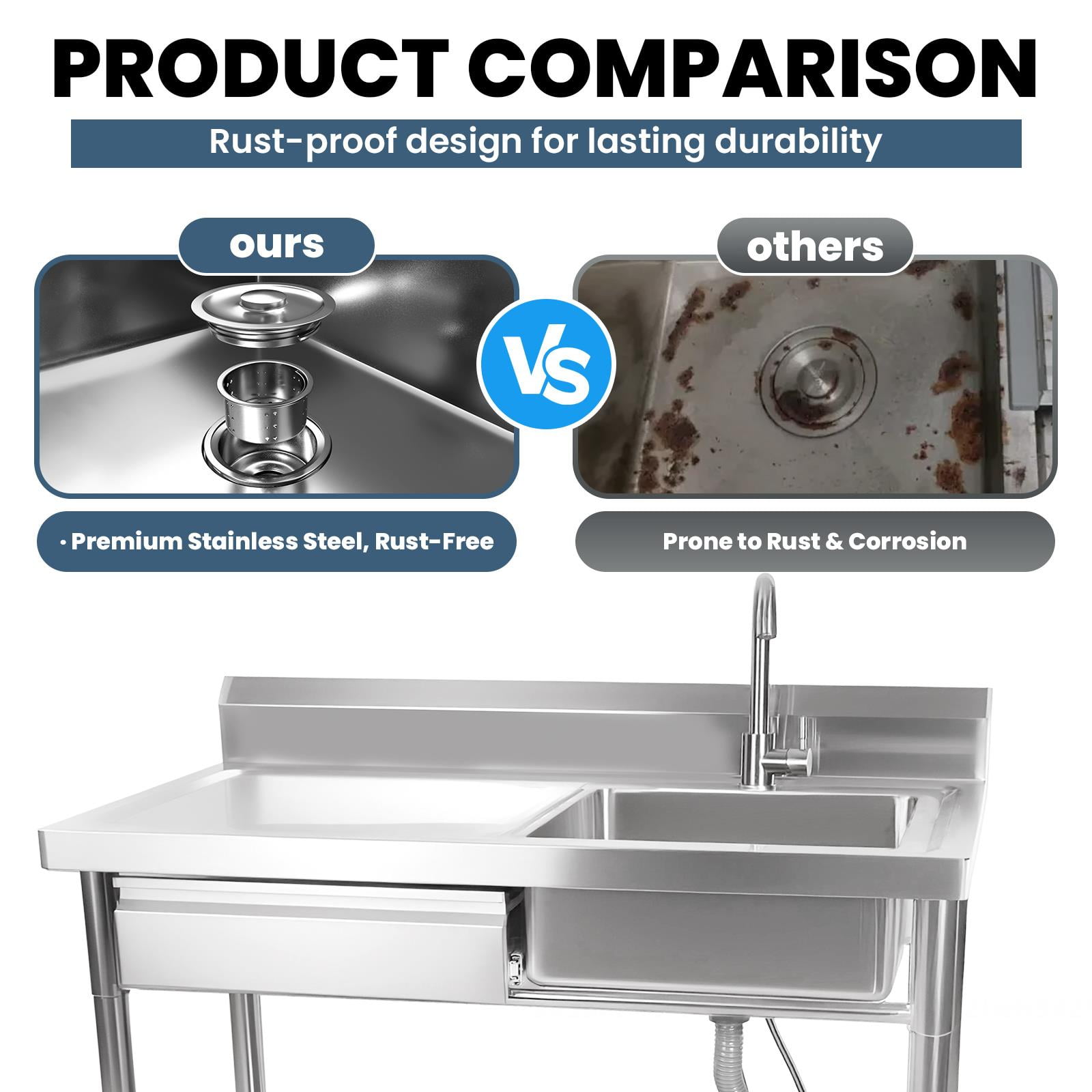 Stainless Steel Utility Sink, 40 Inch Commercial Kitchen Sink, Freestanding Single Bowl Laundry Sink with Drawer & Cold and Hot Water Pipe for Indoor Outdoor Farmhouse