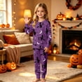 thumbnail image 2 of CAIVO Witch Printed Halloween 2 Piece Pajama Set Girls, Round Neck Long Sleeve Shirt With Matching Jogger Trousers, Kids Holiday Nightwear Loungewear, 2 of 4
