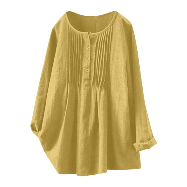 CEHVOM Woamn Spring Summer Solid Color Leisure Loose Cotton And Linen Tops Seven-point Sleeve Round Neck Blouses Clearance