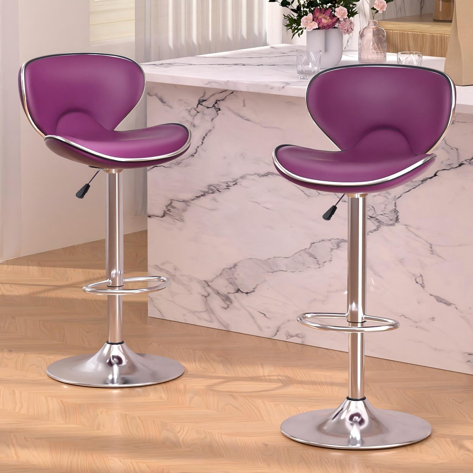 Bar Stools Set of 2, Adjustable Swivel Barstools, Modern PU Leather Counter Height Stools with Back and Footrest for Island, Dining, Bistro, Pub (Purple)