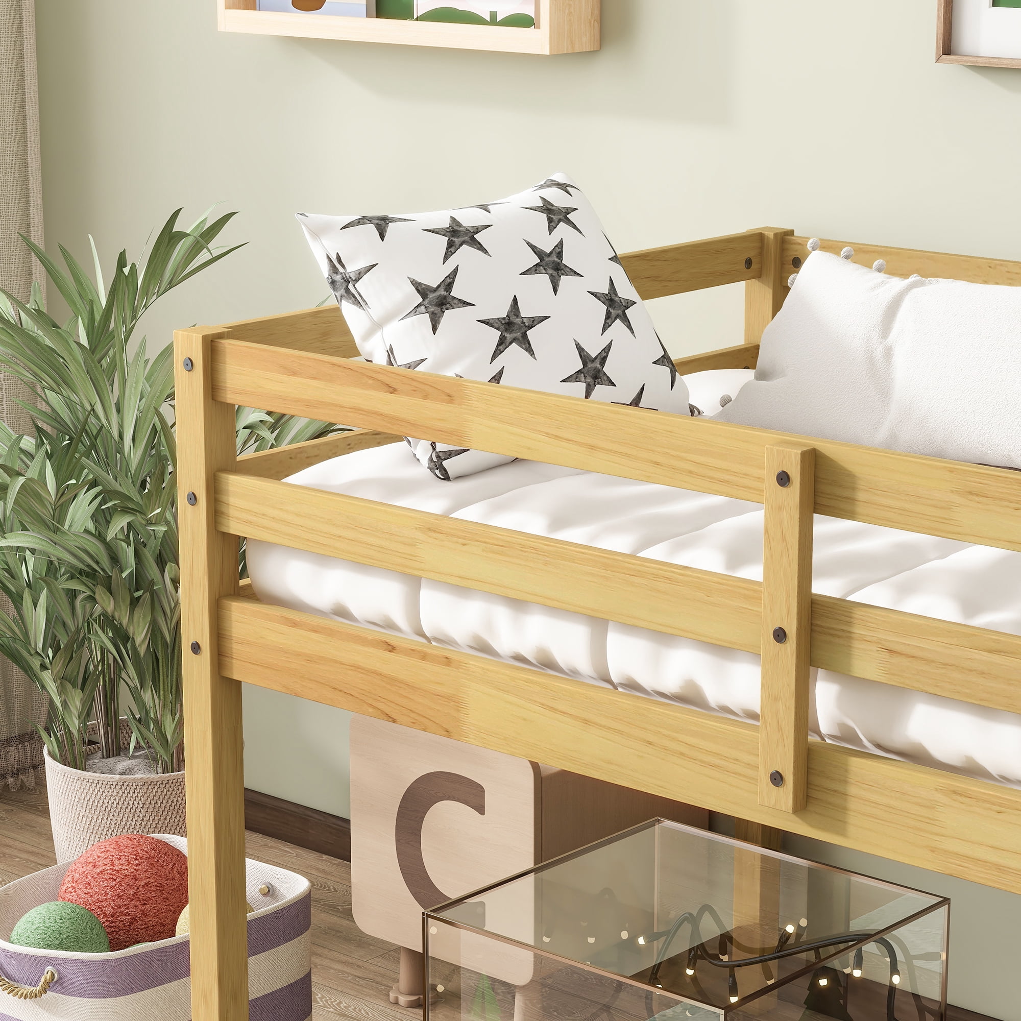 Alvantor Twin Size Loft Bed Wood Loft Bed with Stairs for Kids Boys Girls, No Box Spring Needed, Natural