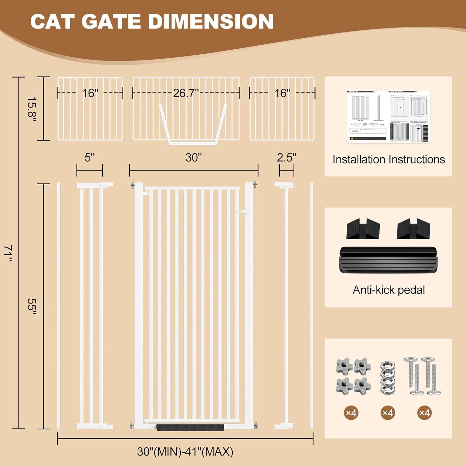 Extra-tall cat door (71 inches), 30-41 inch wide automatic closing pet door with extension kit; drill-free pressure-install dog door, suitable for living room, hallway, and study.