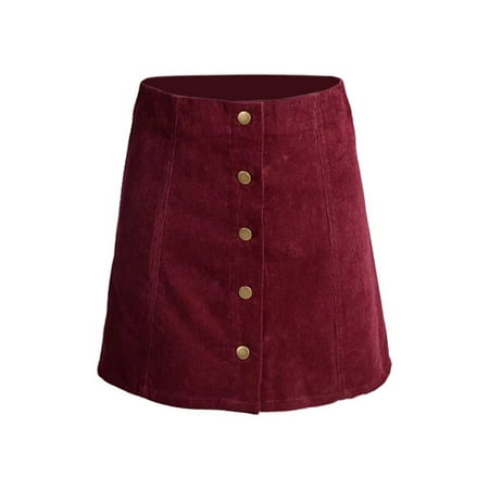 - Babula Women Retro High Waist Corduroy Button Front A-Line Mini Skirt