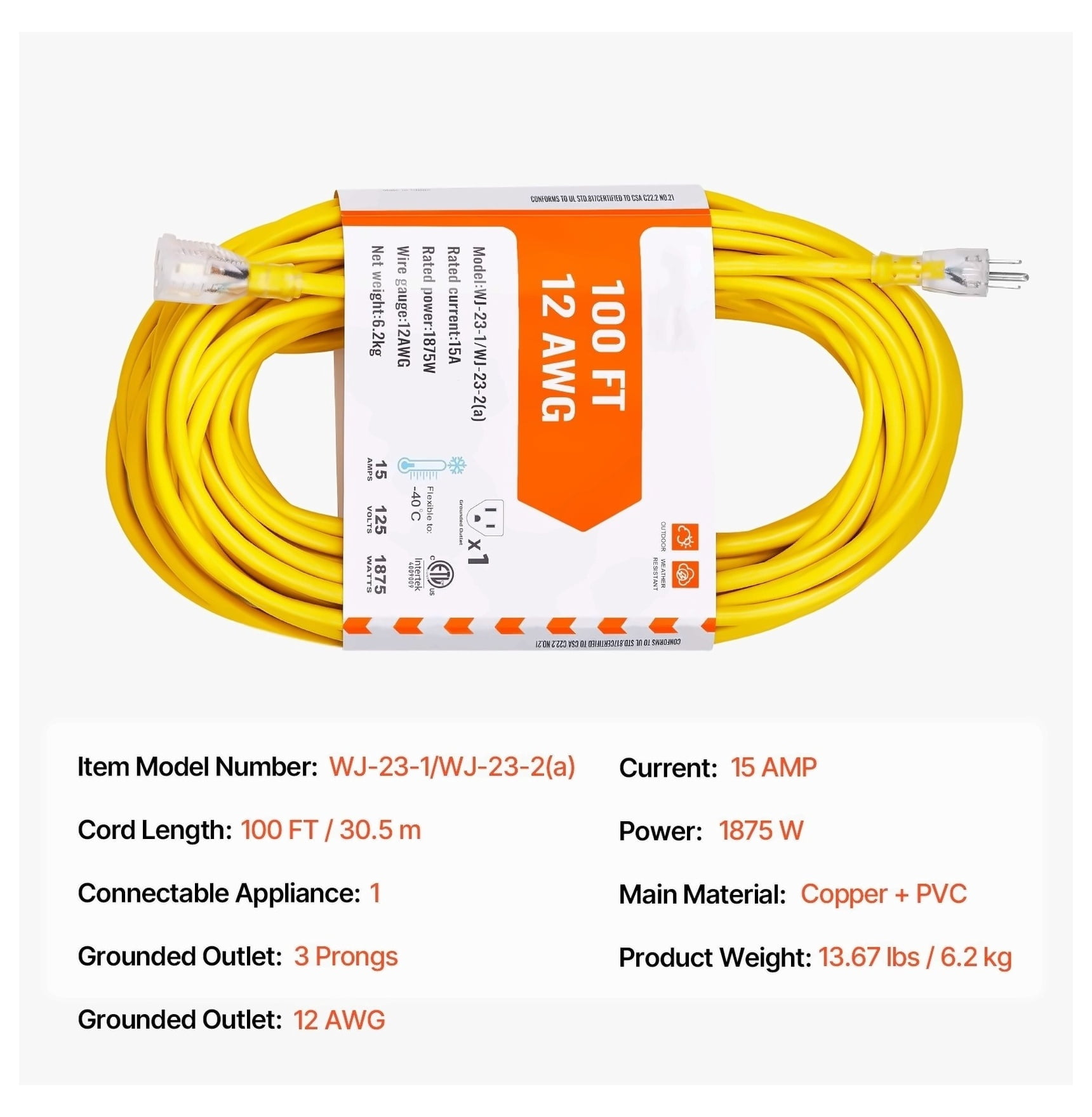 100ft Heavy Duty Extension Cord 12AWG, 15 Amp, 3-Prong - ETL Listed, Indoor Outdoor Cord, -40°F Cold Weather, Lighted End for Lawn, Garage, Home