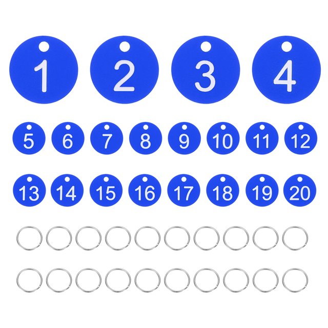 20PCS Number Tags 1-20, Number Key Tags Plastic Numbered Tags Key Tags Keychain with Key Rings for Organizer Field Sales Hangers Clothes Labels ID Tag, Blue