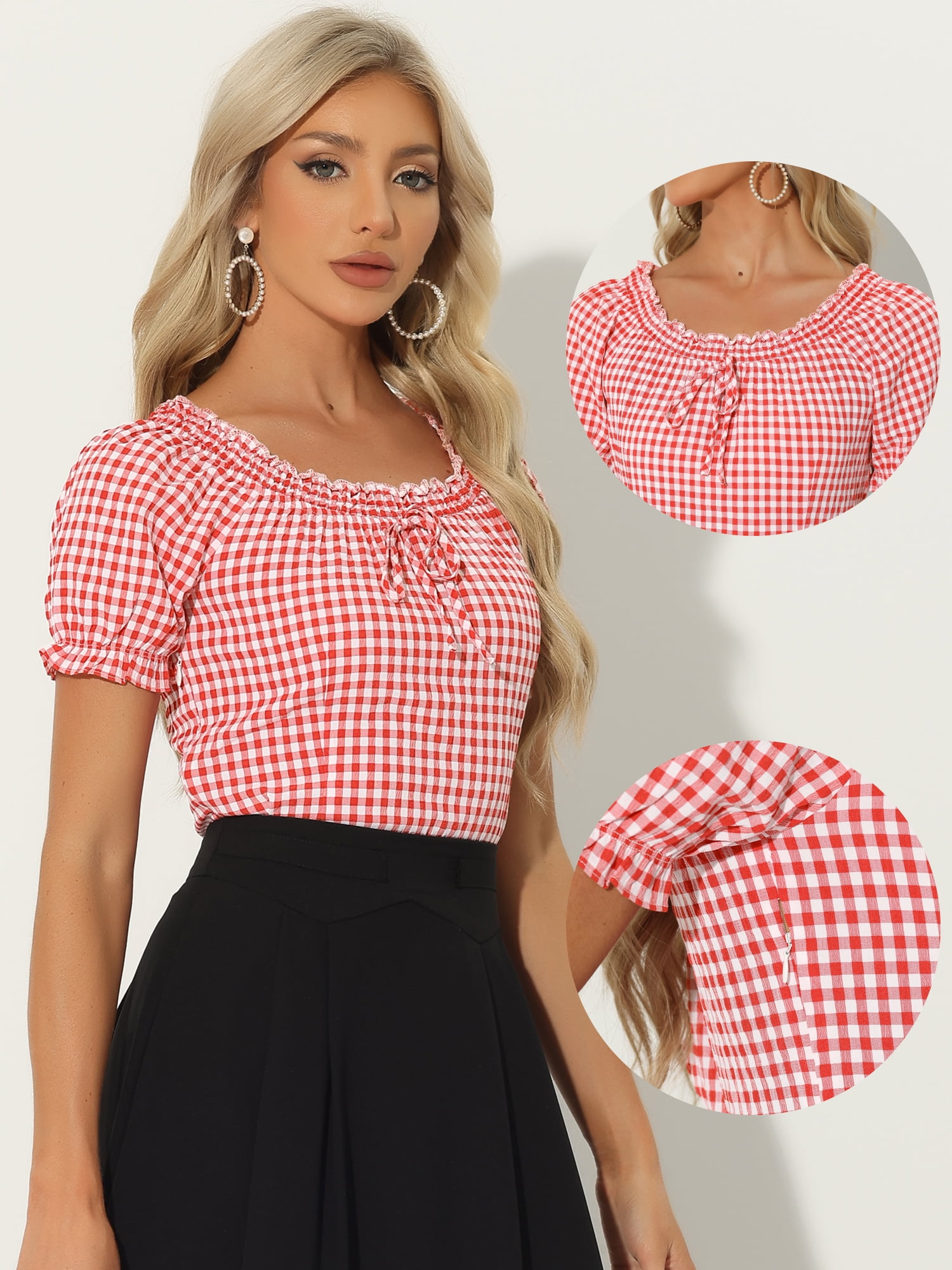 DARING DIVA Woman's Peasant Ruffles Puff Sleeve Gingham Plaid Top M Red