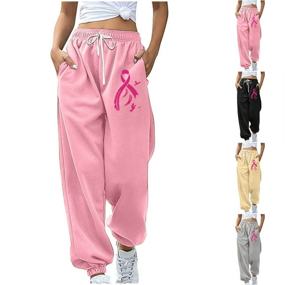 FRSASU Womens Breast Cancer Awareness Sweatpants Pink Ribbon Print High Waisted Trousers Baggy Workout Active Jogger Pants Pink
