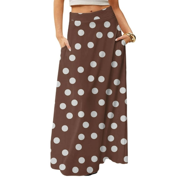 LWavelet Polka Dot Maxi Skirt with Side Pockets Women Daily Casual Flowy Versatile Bottoms Brown L