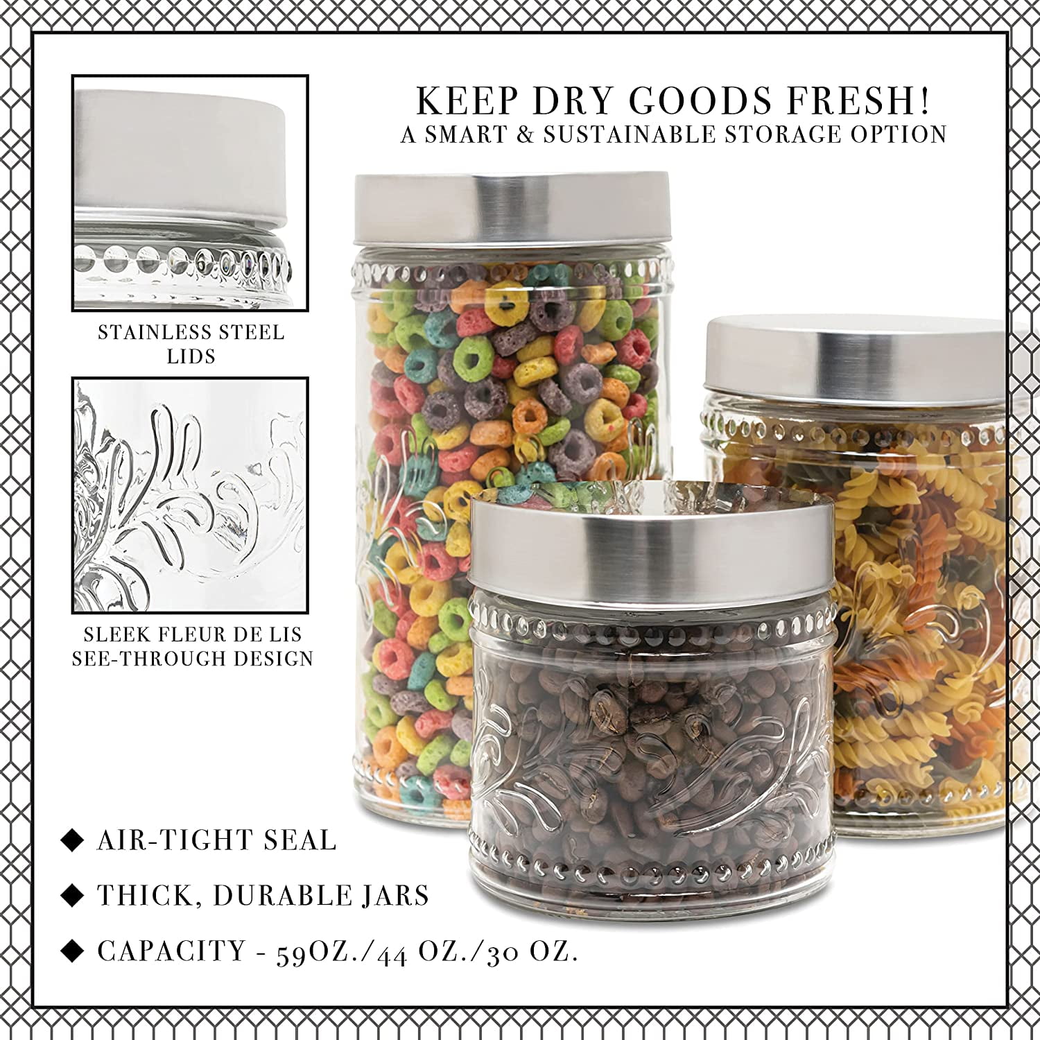 Style Setter, Round, Fleur De Lis Clear Kitchen Glass Food Storage