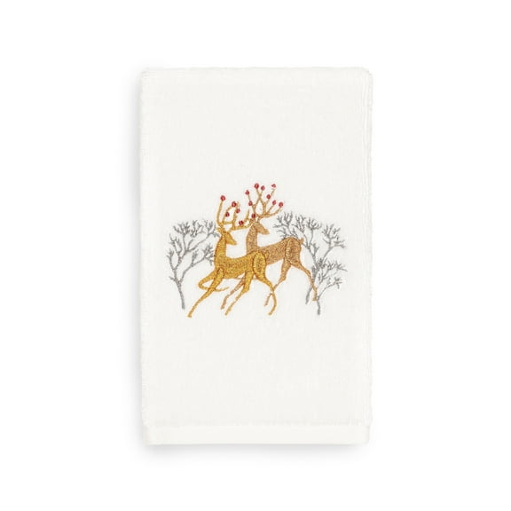 Linum Home Christmas Deer Pair Embroidered White Turkish Cotton Hand Towel