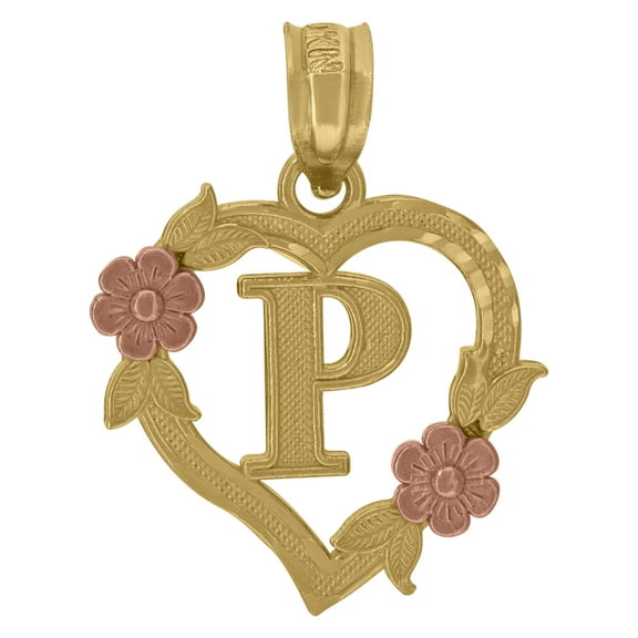 10kt Two-Tone Gold Womens Heart Flower Initial Letter P Charm Pendant