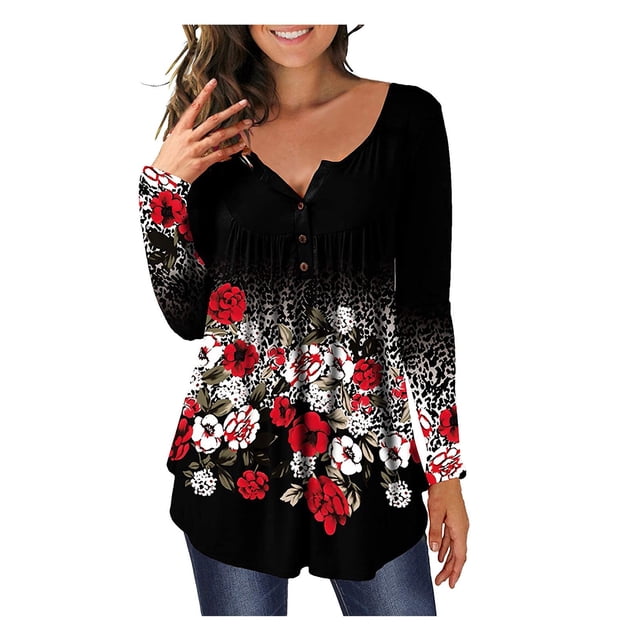 Qertyioot Hauts pour Femmes Blouse à Boutons Imprimée Manches Longues Décontractées (Sans Impression de Positionnement)
