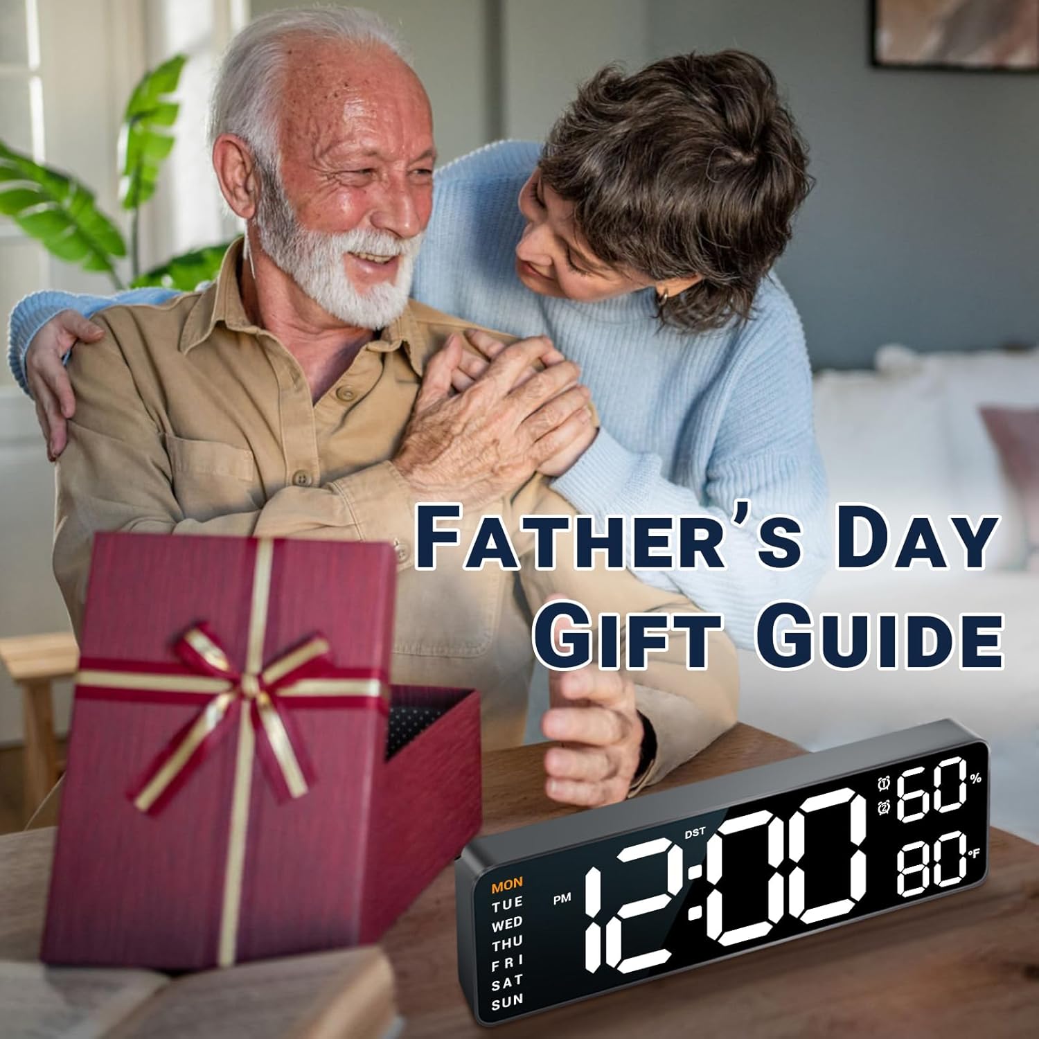 10" Digital Wall Clock: Fathers Day Birthday Gifts for Men Women, House Warming Gifts New Home Decor, Dual Alarm Wall Mount Decor Clock for Living Room Bedroom Office Desk Decor White