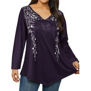 Women Plus Size Lacing Floral Printed Long Sleeves V-Neck Shirt