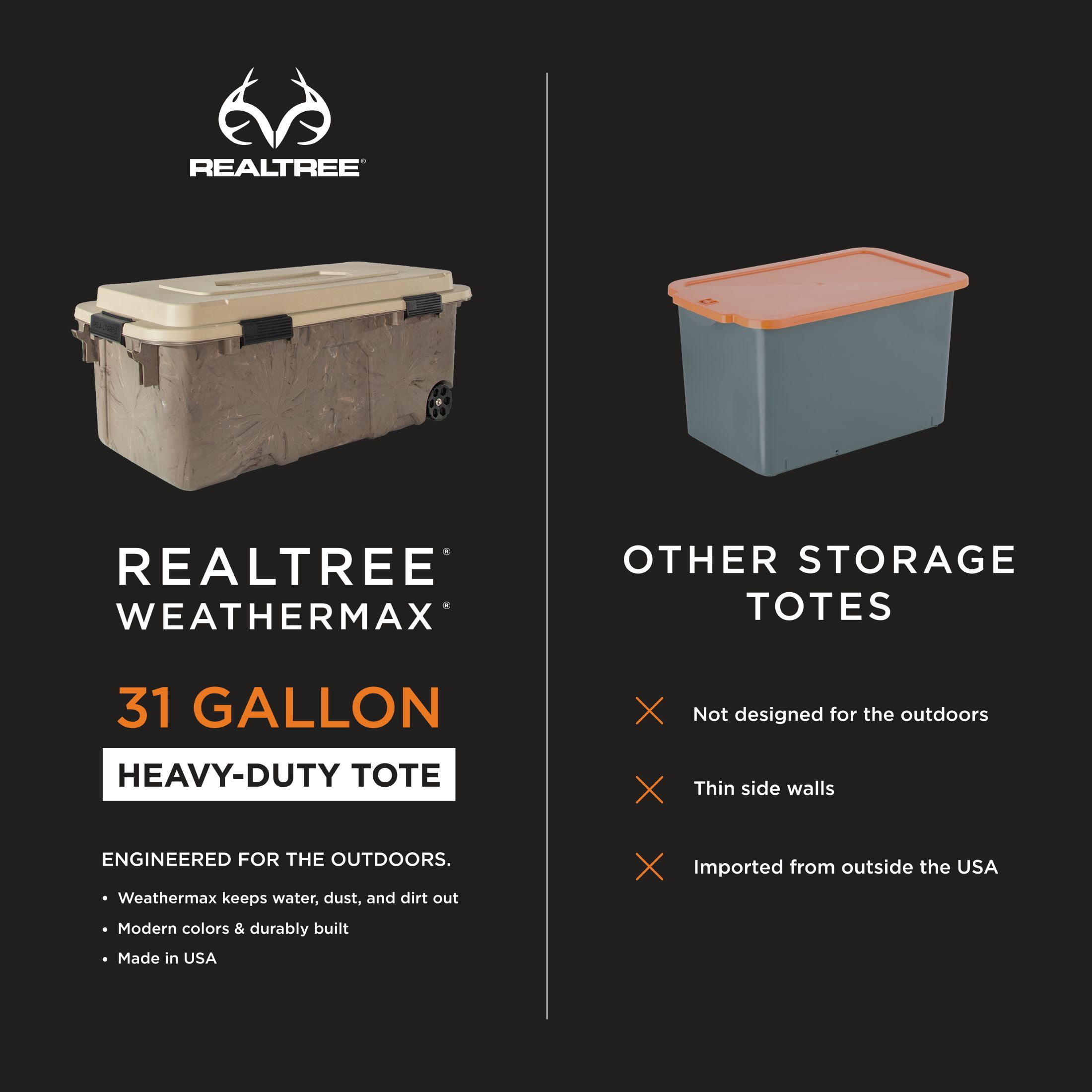 Realtree® WEATHERMAX™ 31 Gallon Marbled and Tan Wheeled Storage Tote with Latching Lid, Heavy Duty Plastic Storage Bin