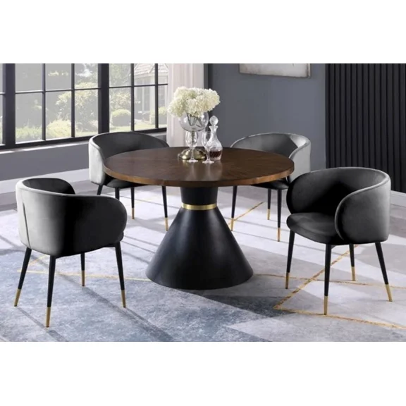 Luxurious 5Pc Dining Set, 48in. Round Dining Table with Velvet Upholstered Side Chair, Barrel Back and Gold Accent, Gray