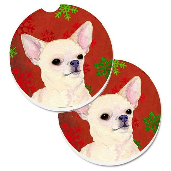 Chihuahua Red & Green Snowflakes Holiday Christmas Set of 2 Cup Holder Car Coaster