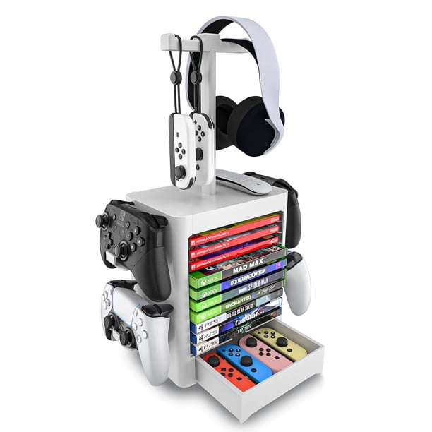 Soporte multifuncional para discos de videojuegos para PS5, estante para discos de videojuegos y soporte para mandos/auriculares compatible con Xbox Series X/Switch/PS4