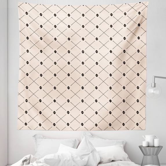 Minimal Tapestry, Repetitive Abstract Symmetric Pattern of Crossing Lines and Triangles, Fabric Wall Hanging Decor for Bedroom Living Room Dorm, 5 Sizes, Champagne Charcoal Grey, by Ambesonne