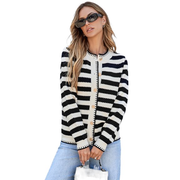 Chic Black Stripe Cardigan Sweater with Golden Buttons for Women - [ZhiHiMeRi] | 2XL
