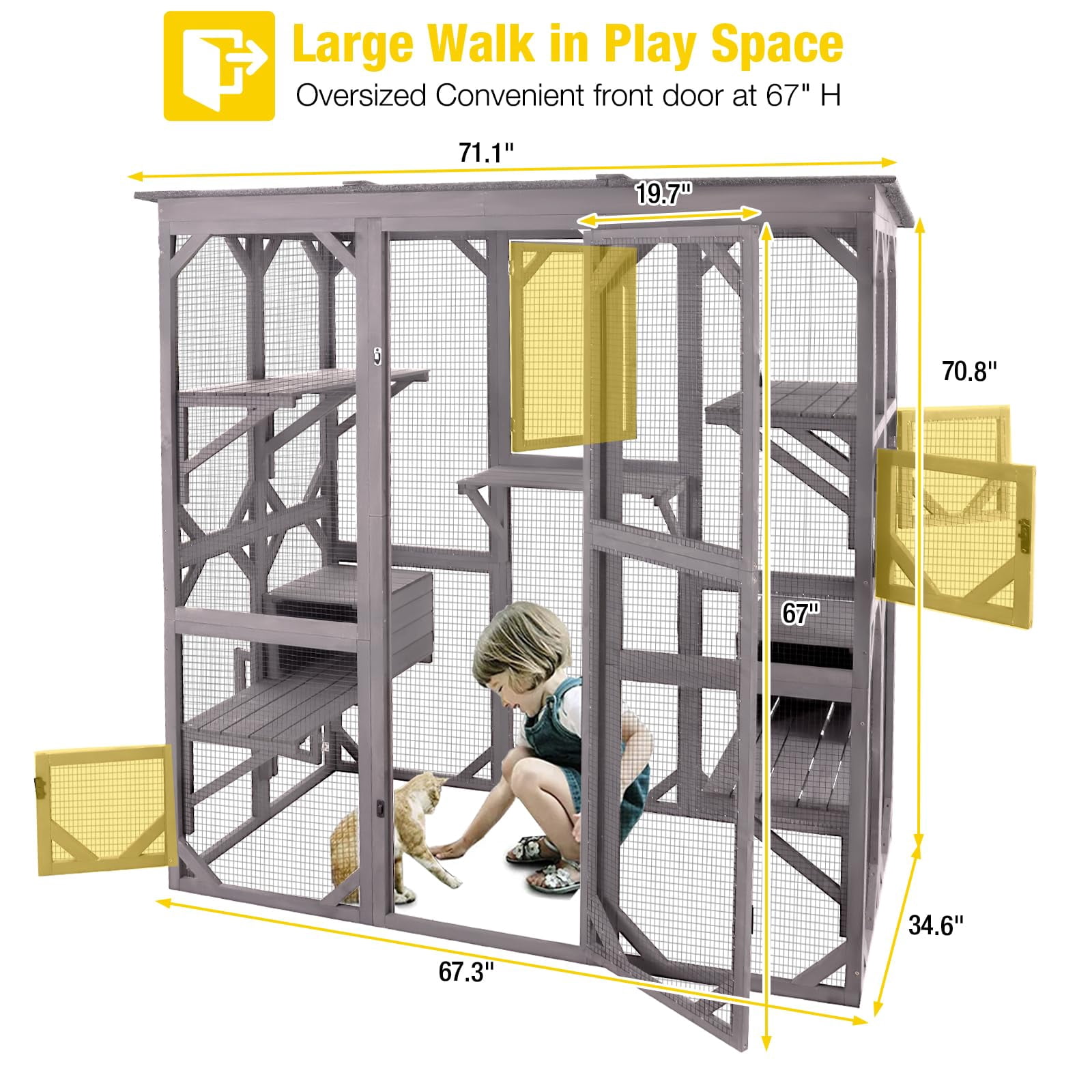 Wooden Catio Outdoor Enclosure with Extra Large Entry Door, Multi-Level Platforms for Climbing, Indoor Cat Playpen with Two Sleeping Houses, Grey