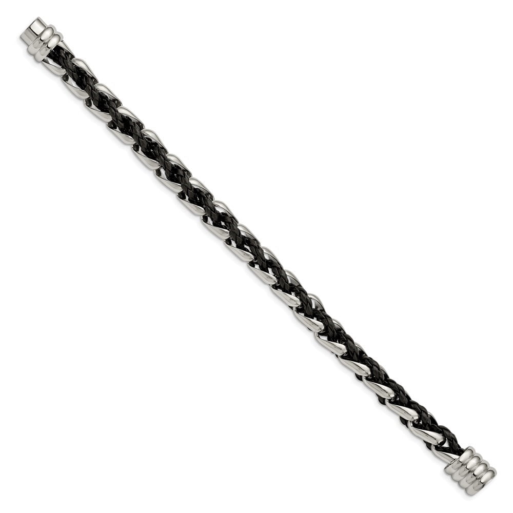 Diamond2Deal Stainless Steel Polished Braided Black Leather Bracelet for Men 8.5"
