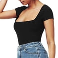 thumbnail image 3 of Body negro de manga corta con cuello cuadrado para mujer, body tipo camiseta, body ajustado para mujer, 3 of 6