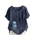 thumbnail image 2 of Staron Liquidation Chemises d'Été pour Femmes Manches Courtes Retroussables Chemises Tendance Grande Taille Coton Lin Ample Imprimé Floral Hauts Tunique Décontractée d'Été Col Rond T-Shirts, 2 of 4