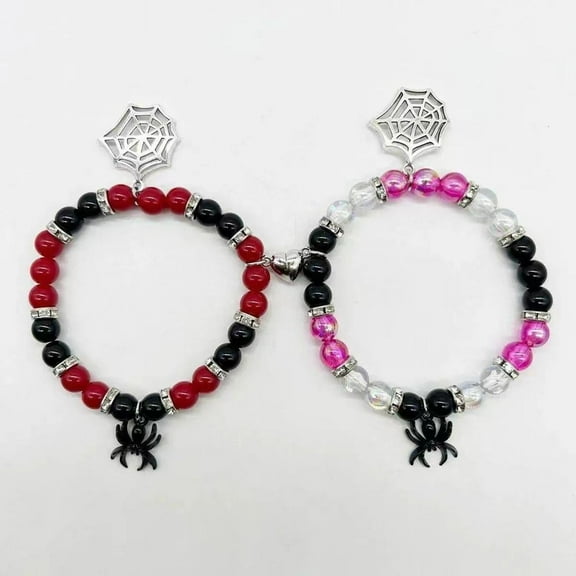 2 Pcs Heart - Shaped Magnetic Friendship & Lover Bracelets with Spider Pendants. Ideal Valentine's Gift, Great for Cosplay Accessories