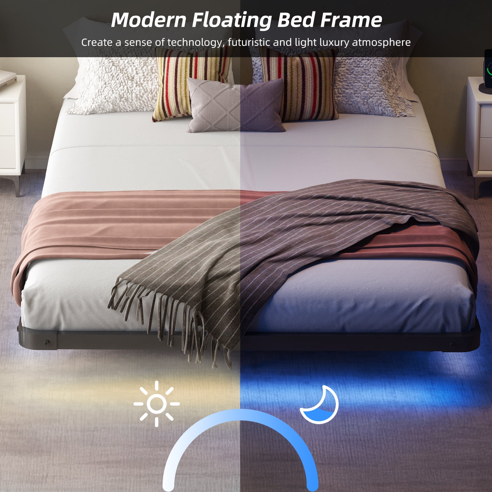 Fairy Full Size Bed Frame with Charging Station, LED Lights, Heavy-Duty Metal Platform, Black