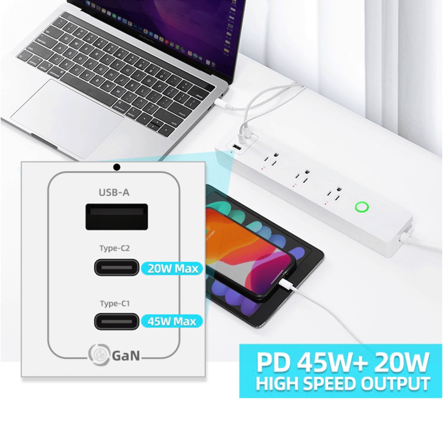 65W GaN PD Smart Power Strip WiFi Plug Multiple Outlet Surge Protector 3 AC Outlets，1 USB Ports，2 USB C Ports,15A, Remote Control Timing Schedule Compatible with Alexa Echo, Google Home, White