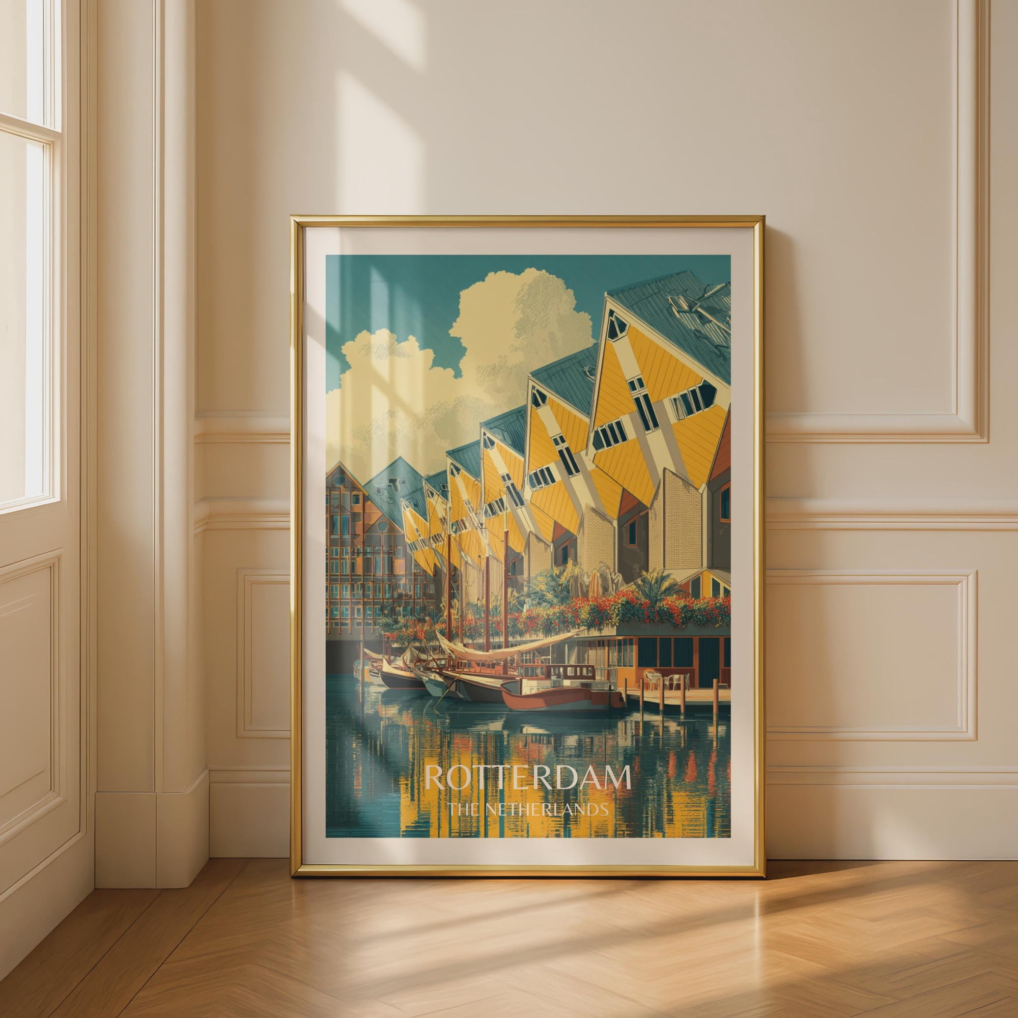 Rotterdam Cube Houses Print Netherlands Travel Dutch Architecture Wall Art Vintage Style City Print Teal Yellow Home Decor