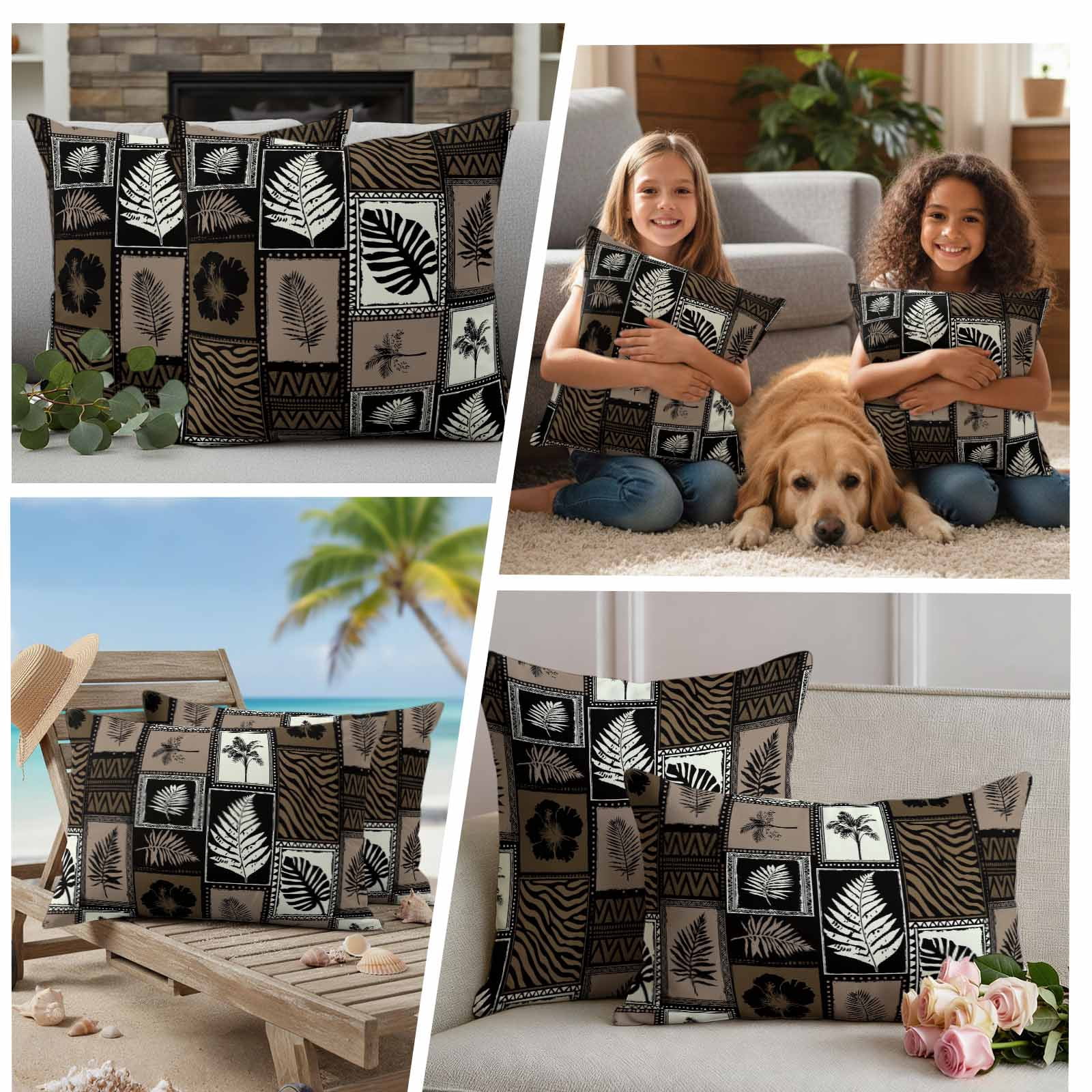 Tropical Summer Boho Outdoor Pillow Covers Set of 2 Monstera Fern Palm Leaf Hibiscus Brown Waterproof Throw Pillow Cover Decorative Cushion Cases for Patio Porch Garden 16X16 Inch