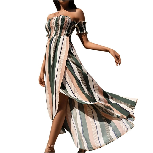 Vestido casual de moda para mujer con estampado de rayas y hombros descubiertos Fridja qw7413