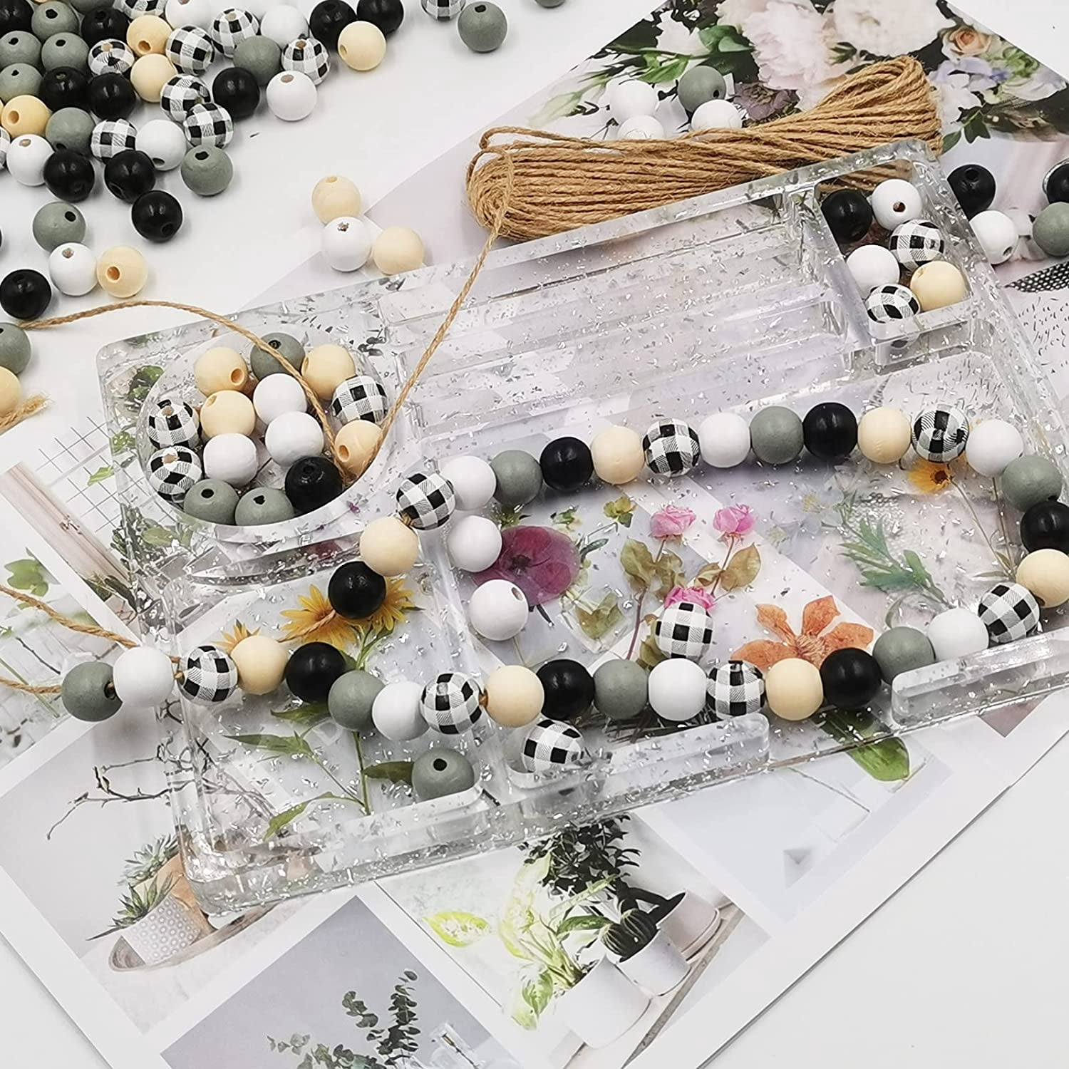 300 Pieces 16mm Craft Wood Beads And 20m Hemp Rope, DaKuan Four Seasons DIY Wooden Beads, Craft Supplies, Black, White, Grey, Checkered, Pure Wood Color, Five Colors
